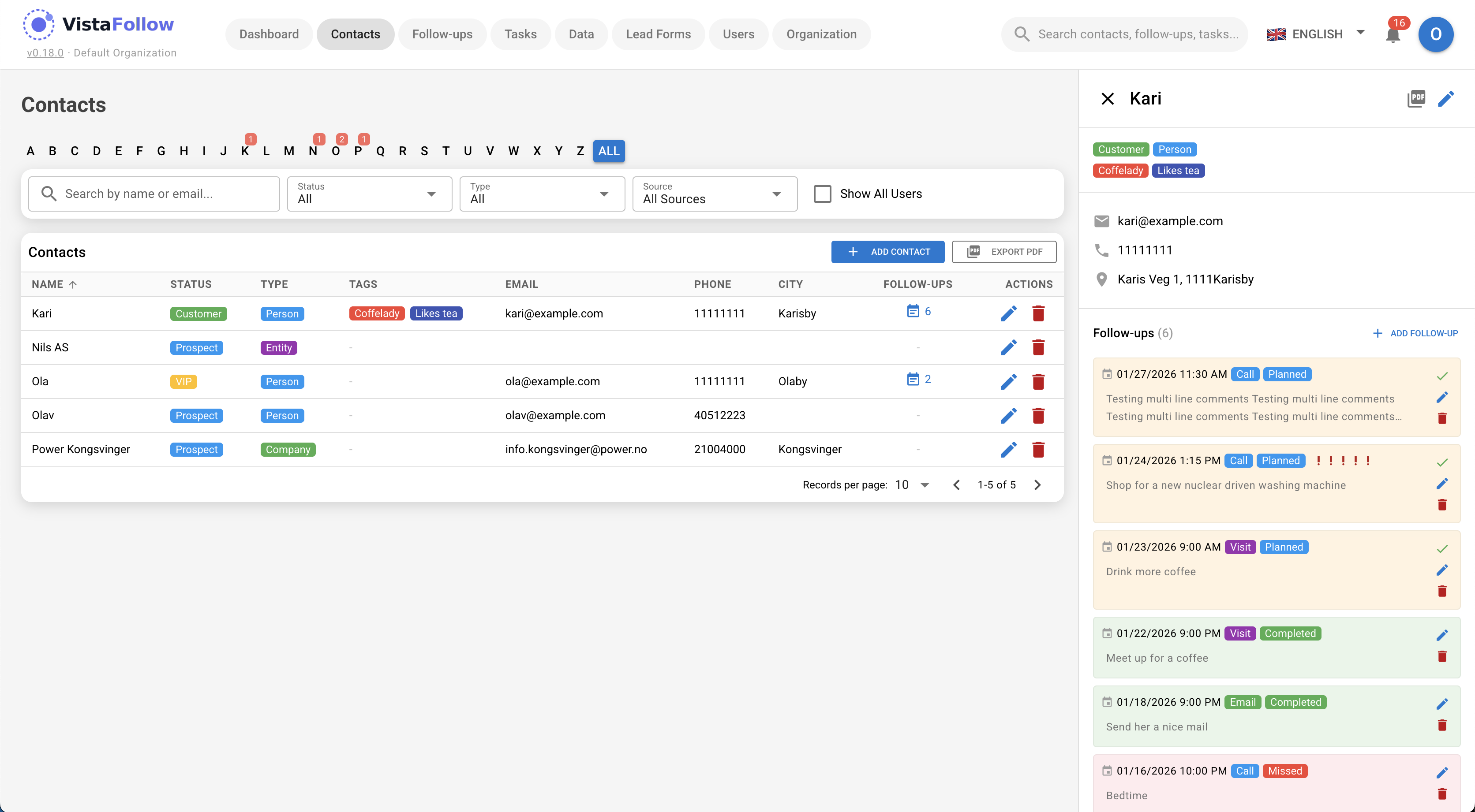 VistaFollow Contacts View