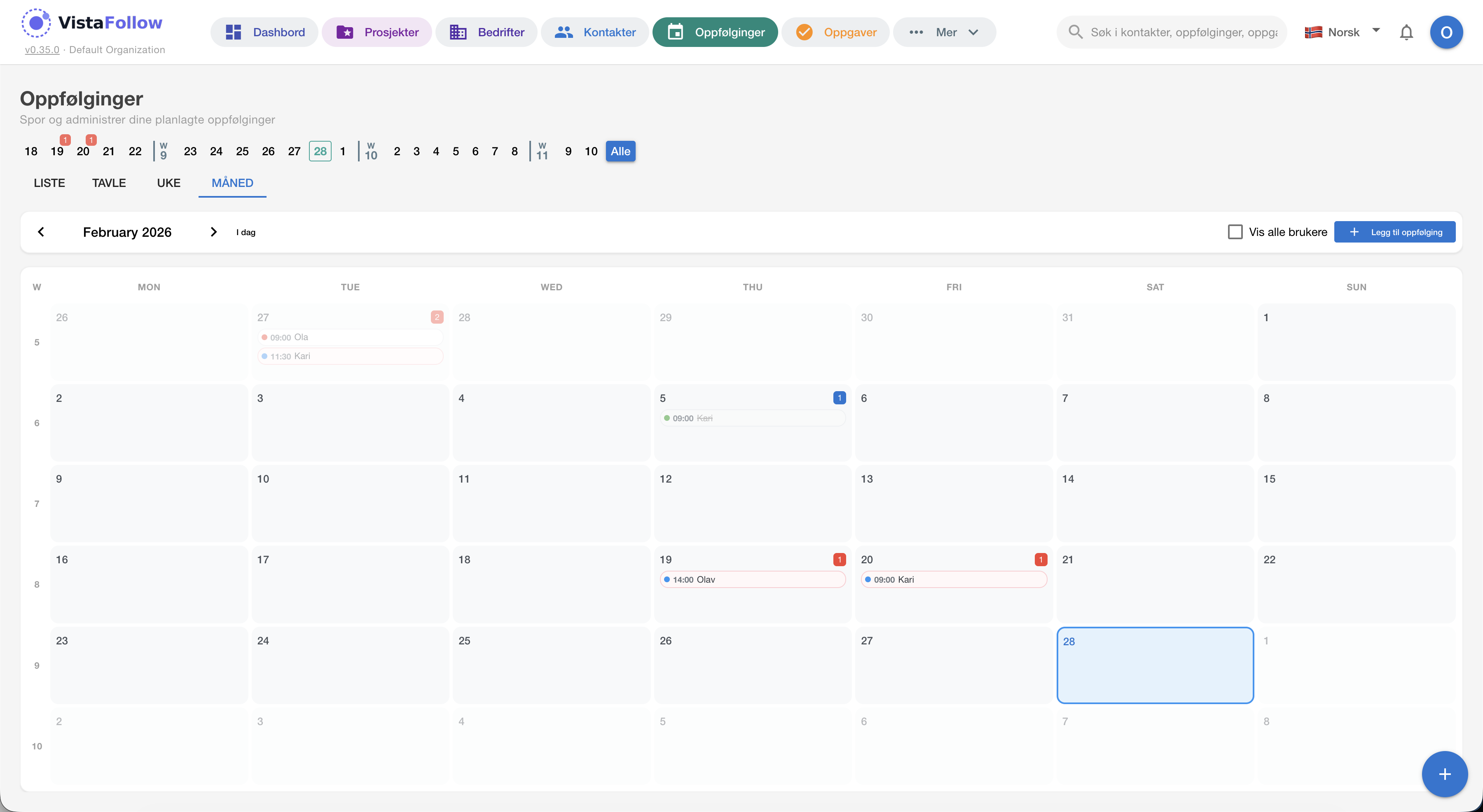 Oppfølginger — månedsvisning