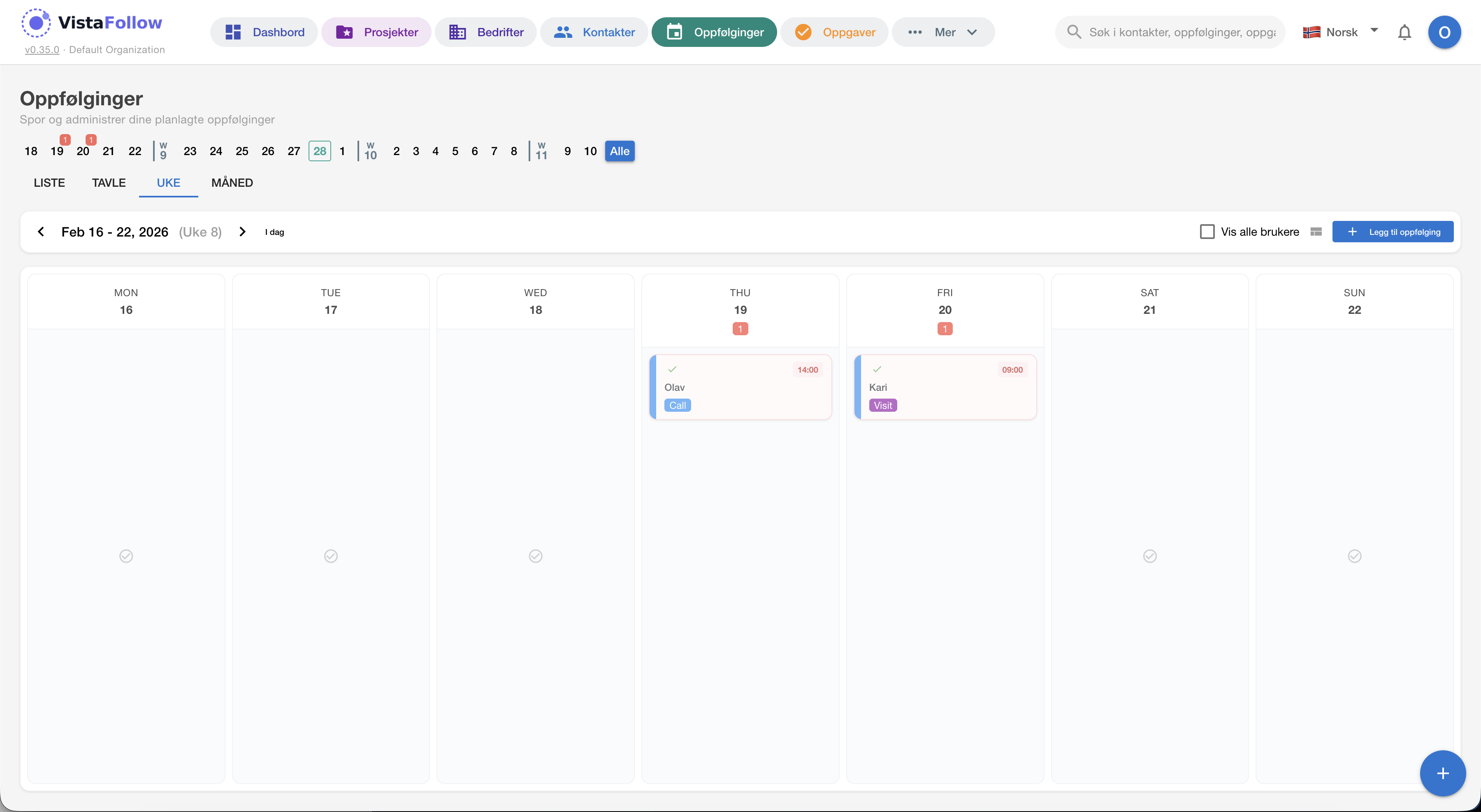 Oppfølginger — ukevisning